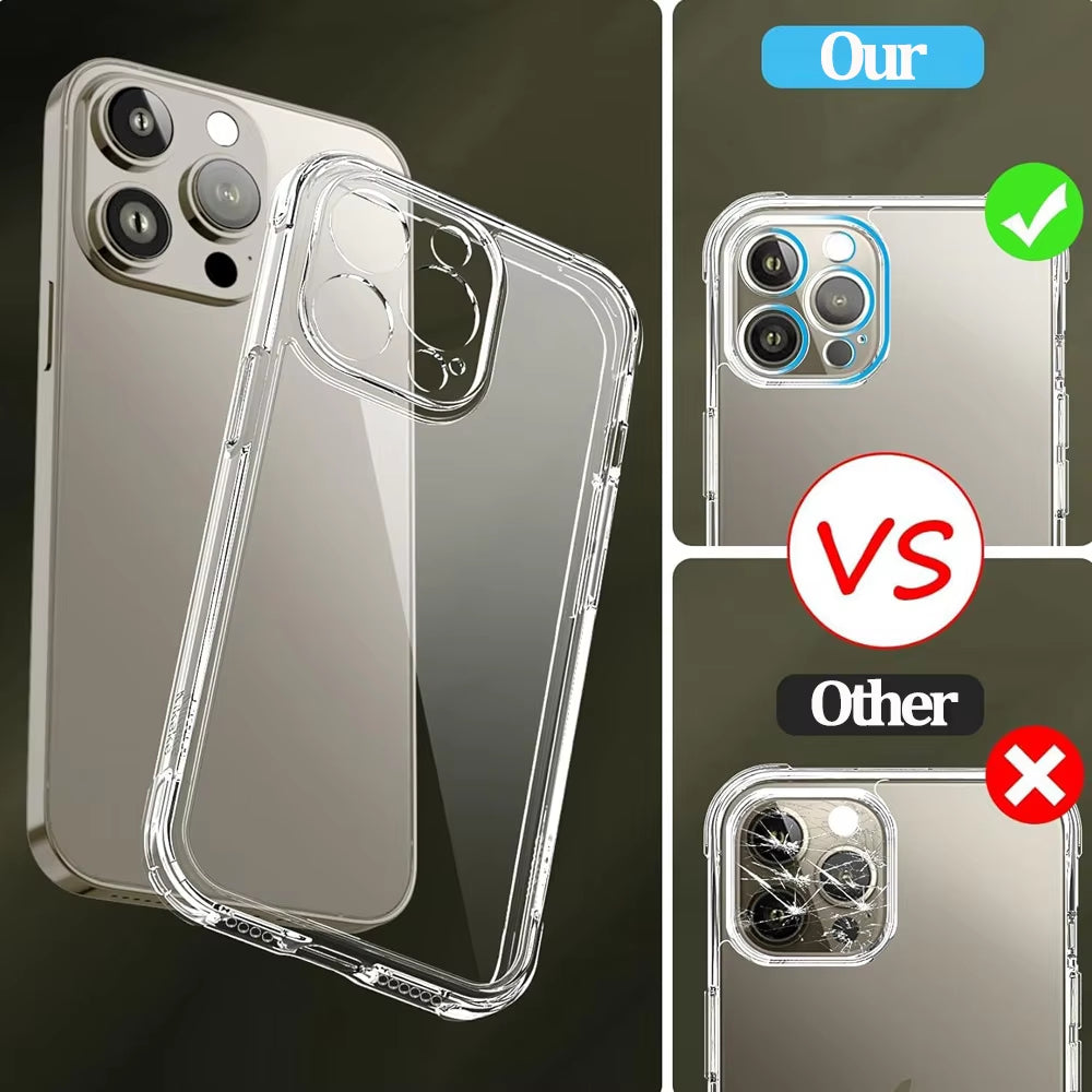 For 16 15 Pro Max Phone Case & Screen Glass for 16 15 14 13 Mini 12 11 Pro Transparent Case 16 plus Cover