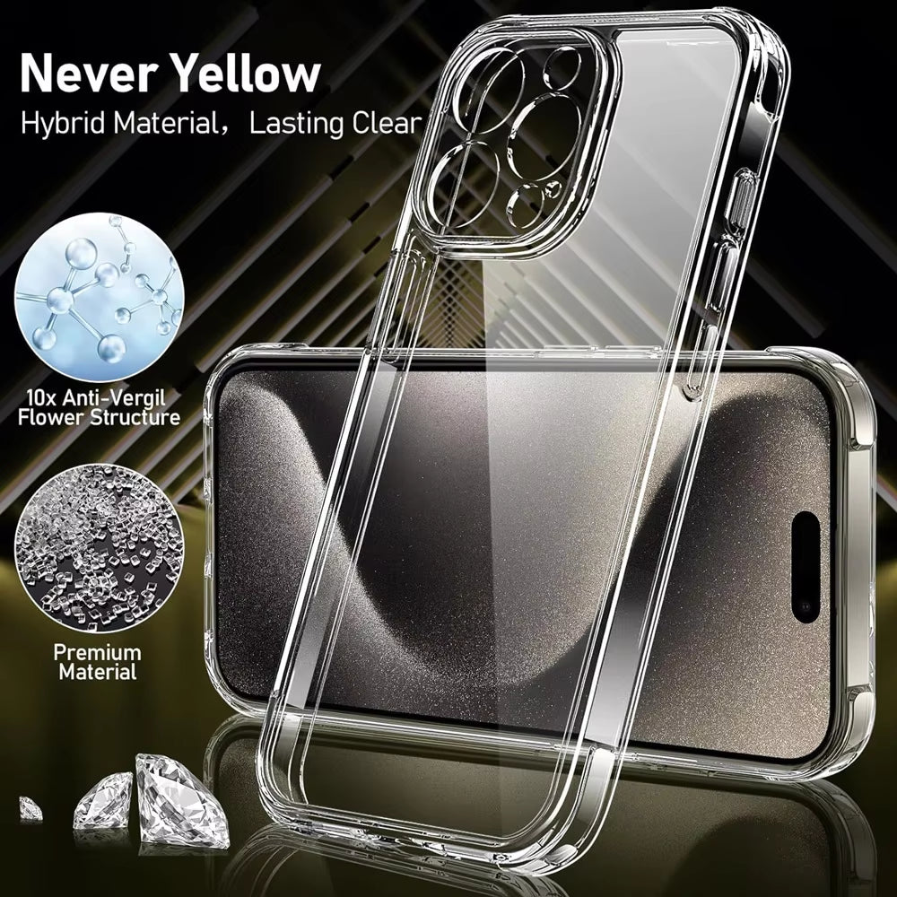 For 16 15 Pro Max Phone Case & Screen Glass for 16 15 14 13 Mini 12 11 Pro Transparent Case 16 plus Cover