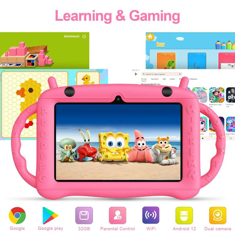 7-Inch Android Kids Tablet, 32GB ROM with Bluetooth, Wifi, GMS, Parental Controls, Dual Cameras, Shockproof Case, Education Smartphone Cellphone