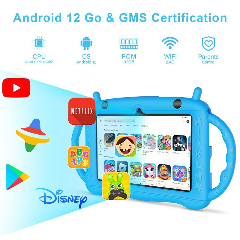 7-Inch Android Kids Tablet, 32GB ROM with Bluetooth, Wifi, GMS, Parental Controls, Dual Cameras, Shockproof Case, Education Smartphone Cellphone
