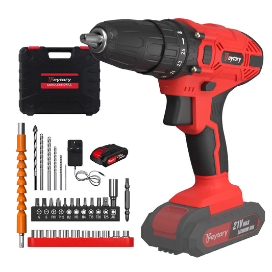 21V Cordless Power Drill with 1500Mah Battery Electric Drill Driver 25+1 Torque 45Nm Screwdriver Kit Combi Drill 3/8"