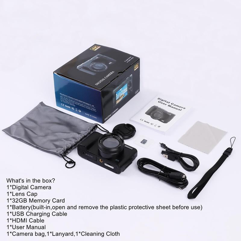 Fall 4K Digital Camera, 48MP Vlogging Camera, Compact Camera Electronics 16X Zoom Digital Camera with Flip Screen, 32G SD Card, Summer Gift, Electronics Point Shoot Cameras, Digital Camera Pictures, Portable Camera, Professional Camera
