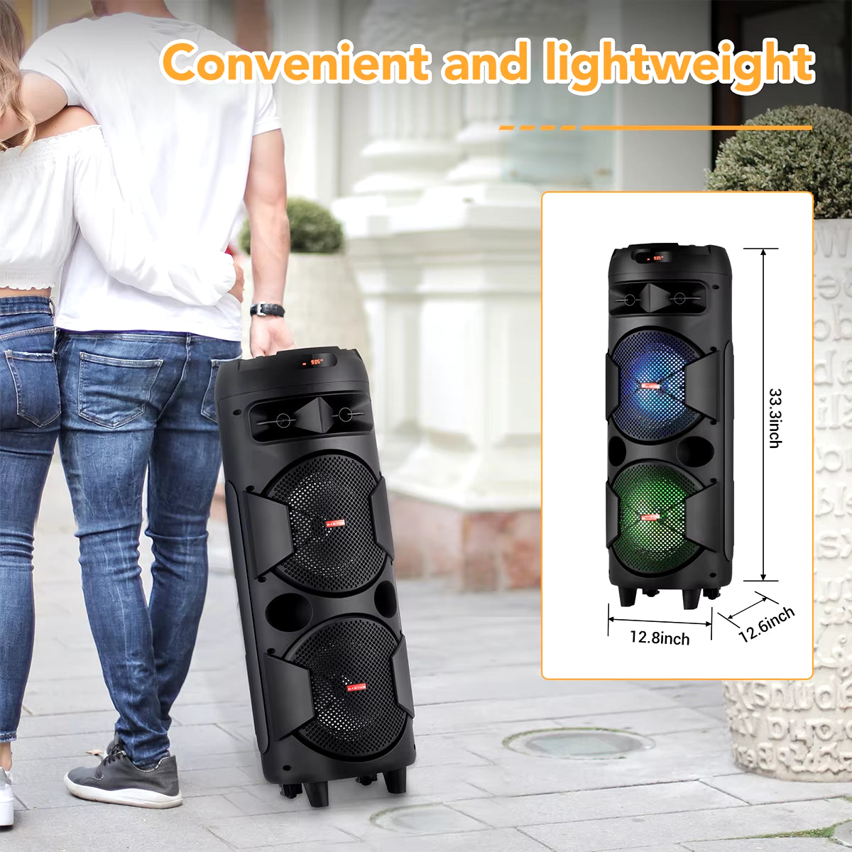 Dual 8' Woofer Portable Wireless Speaker with LED Light, Mic, Bass Stereo Sound Home Audio System Built-In Rechargable Battery