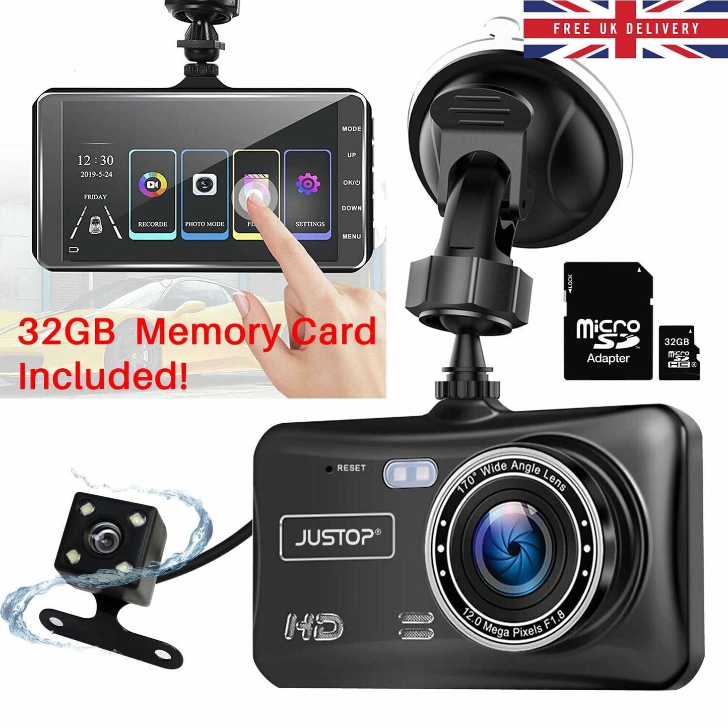 Car Dash Cam Front and Rear Camera HD 1080P Nightvision with 32GB SD Memory Card