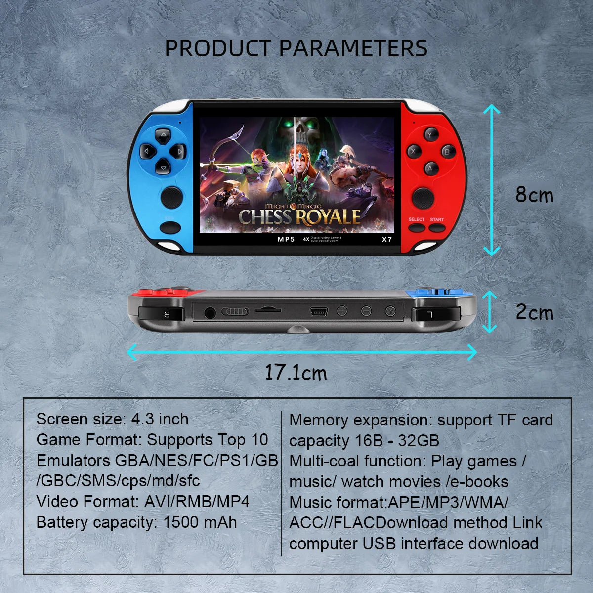 X7 4.3Inch Handheld Game Console IPS Screen Video Game Player HD Game Console Built-In 10000 Games for GBA GBC NES GBC