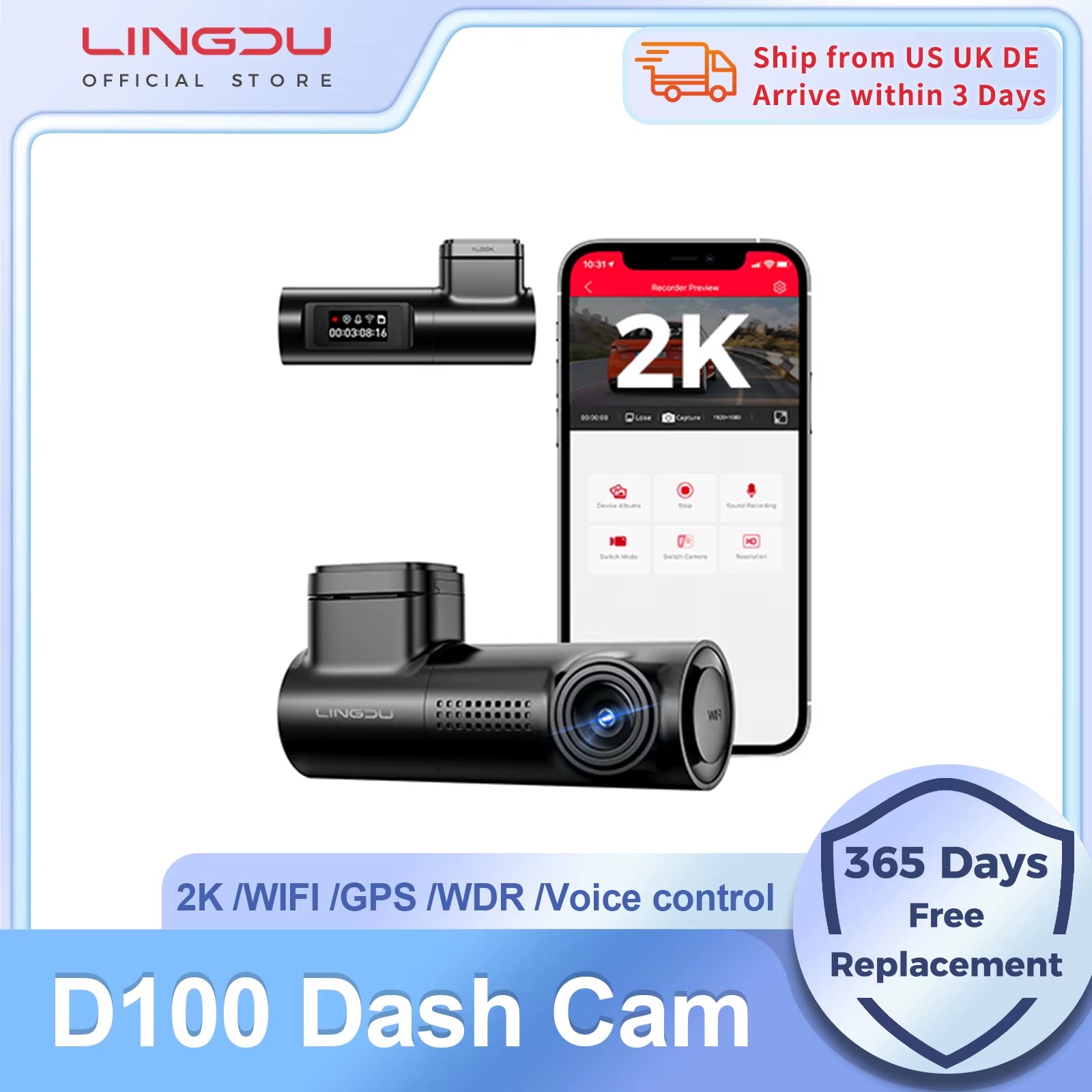 D100 Dash Cam 2.5K 1440P Dash Camera for Cars Wifi Built in GPS Smart Voice Control 24H Parking Monitor WDR Night Vision