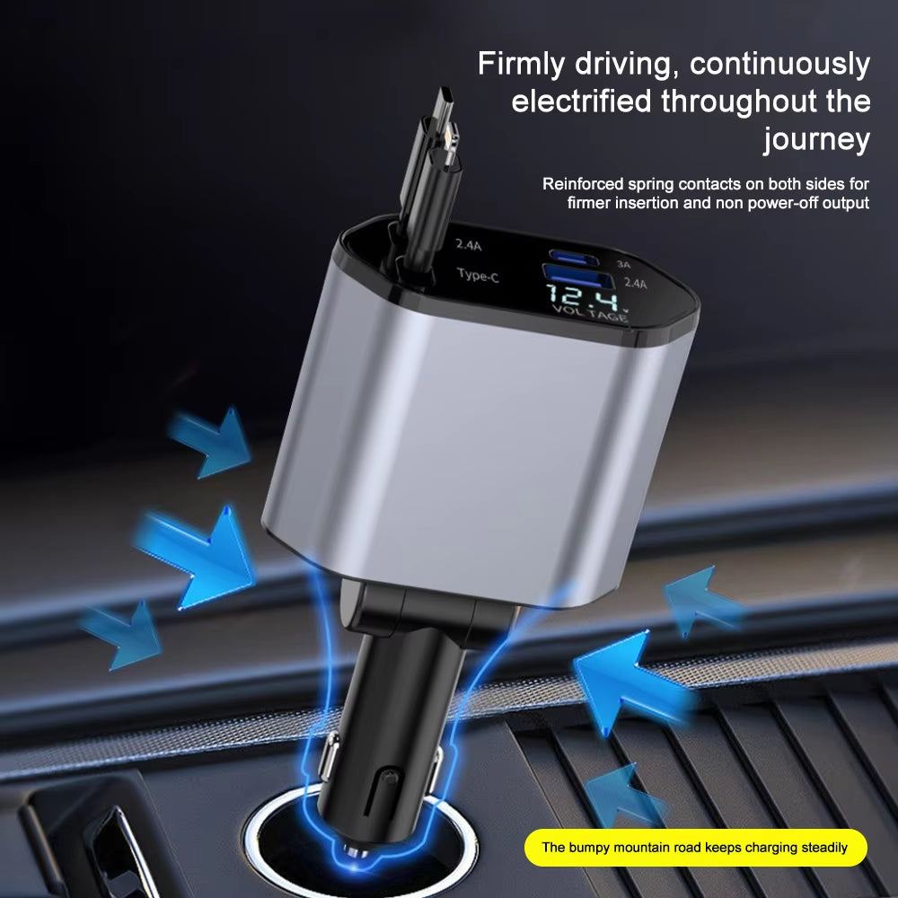 120W 4 in 1 Retractable Car Charger USB C Cable for Iphone Huawei Samsung Fast Charge Cord Cigarette Lighter Adapter PD QC3.0