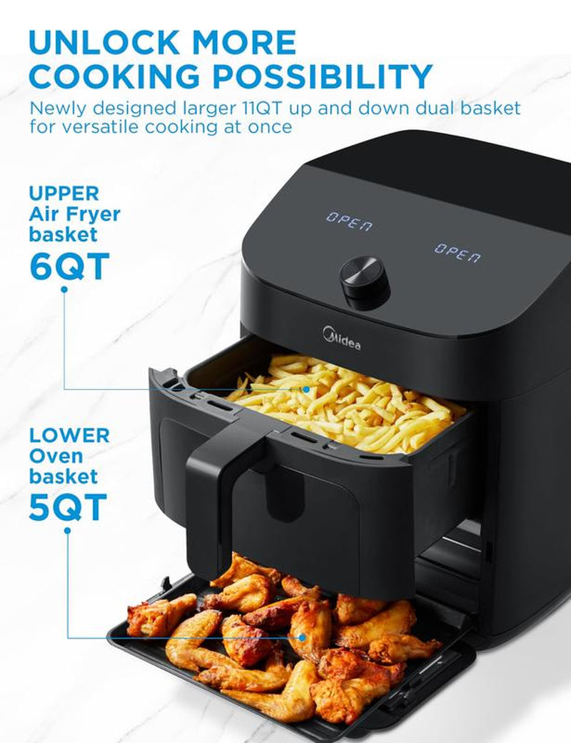 Midea 8 in 1 Dual Air Fryer 11 Quart with 2 Independent Frying Baskets , Sync Finish, Wi-Fi Connectivity & 50+ App Recipes for Family-Sized Meals