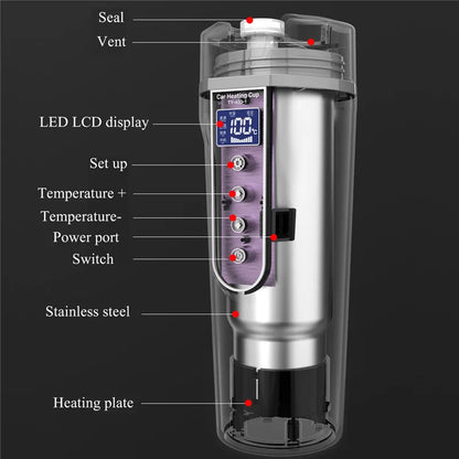 Portable Car Heating Cup Vacuum Electric Stainless Water Warmer Bottle Kettle Coffee Tea Mug LCD Display Temperature Smart Mugs