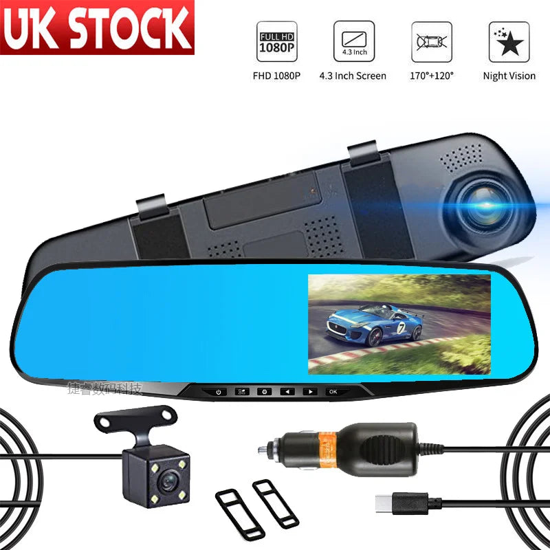 Rear View Mirror Dash Camera Dual Lens Car DVR Wide Angle Dual Lens Dash Camera Night Camera Recorder 4.3"