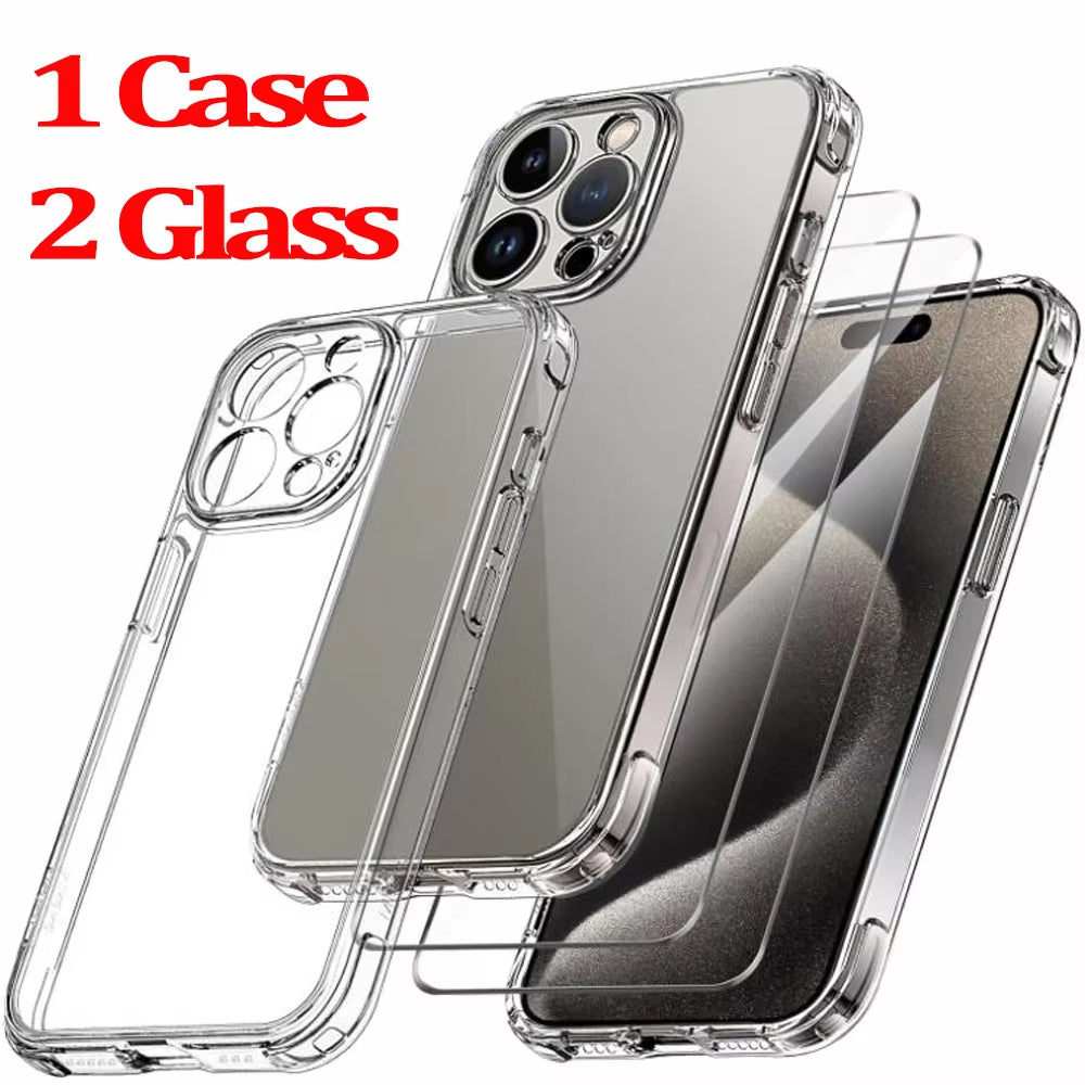 For  16 15 Pro Max Phone Case & Screen Glass for  16 15 14 13 Mini 12 11 Pro Transparent Case 16 plus Cover