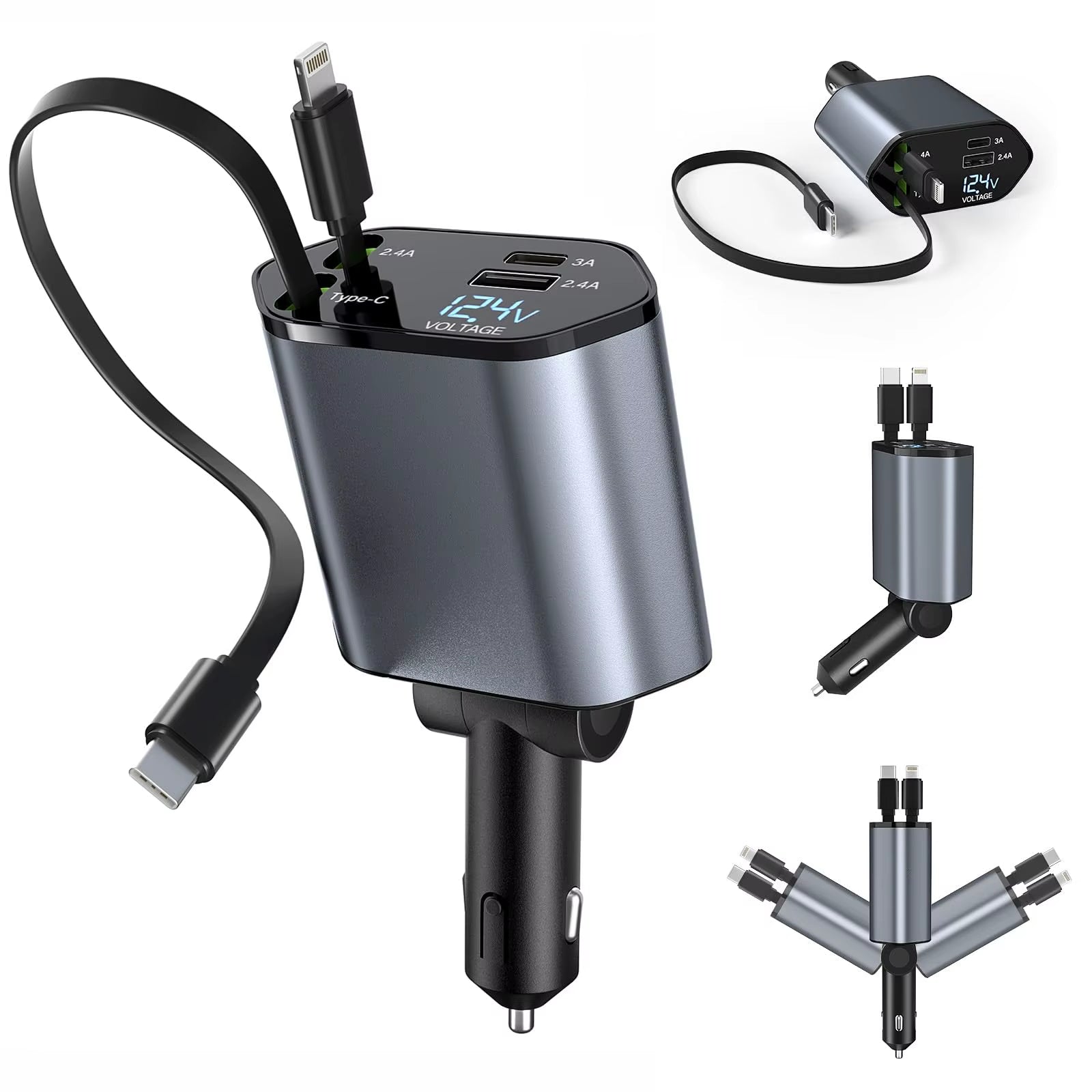 120W 4 in 1 Retractable Car Charger USB C Cable for Iphone Huawei Samsung Fast Charge Cord Cigarette Lighter Adapter PD QC3.0