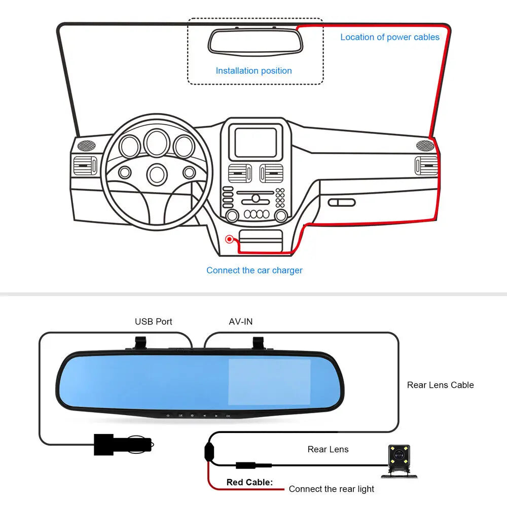 Rear View Mirror Dash Camera Dual Lens Car DVR Wide Angle Dual Lens Dash Camera Night Camera Recorder 4.3"