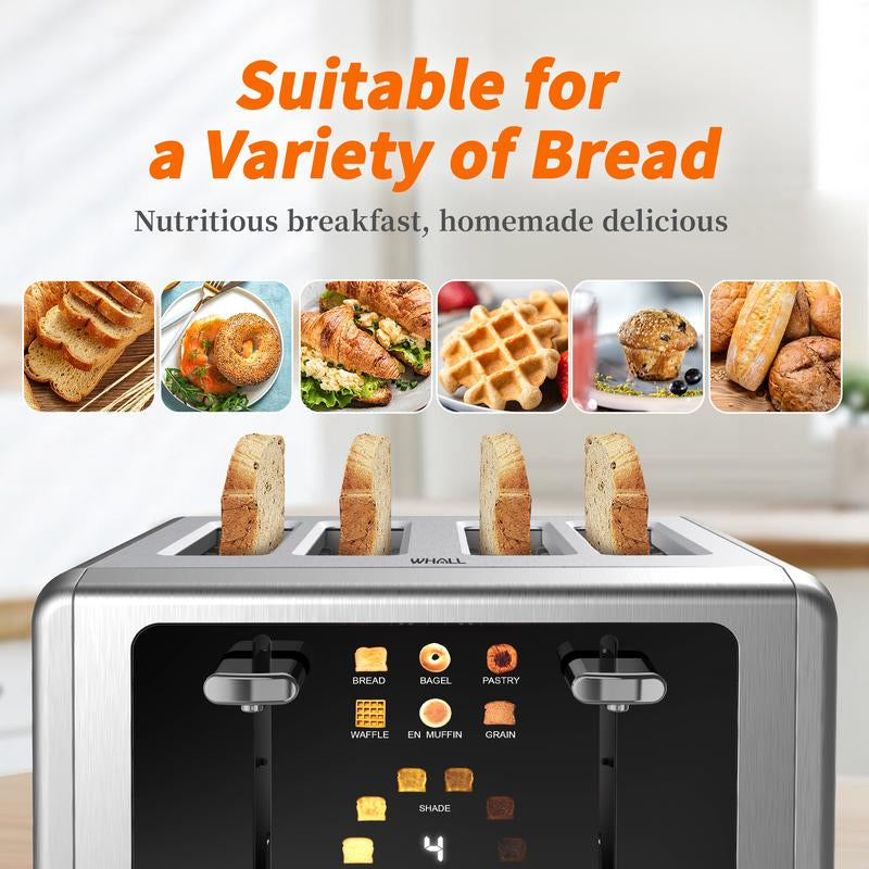 WHALL 2&4 Slice Toaster with Stainless Steel Digital Timer Toaster with Sound Function,Smart Extra Wide Slots Toaster with Bagel, Cancel, Defrost, 6 Bread Types & 6 Shade Settings .