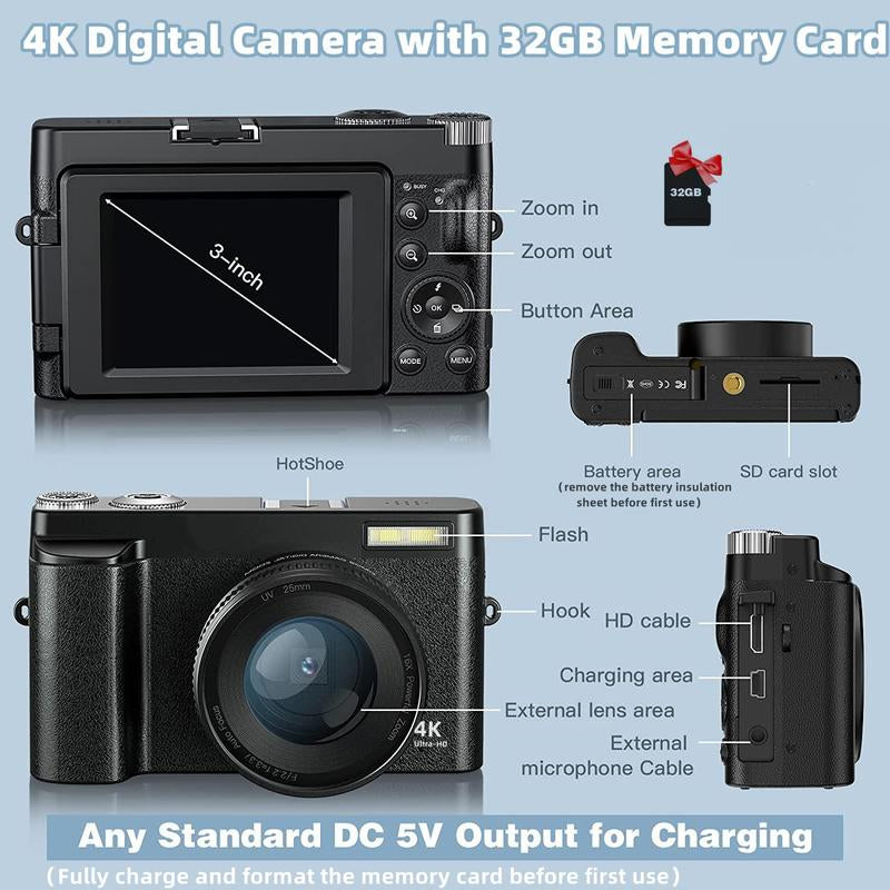 Fall 4K Digital Camera, 48MP Vlogging Camera, Compact Camera Electronics 16X Zoom Digital Camera with Flip Screen, 32G SD Card, Summer Gift, Electronics Point Shoot Cameras, Digital Camera Pictures, Portable Camera, Professional Camera