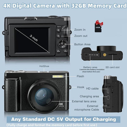 Fall 4K Digital Camera, 48MP Vlogging Camera, Compact Camera Electronics 16X Zoom Digital Camera with Flip Screen, 32G SD Card, Summer Gift, Electronics Point Shoot Cameras, Digital Camera Pictures, Portable Camera, Professional Camera