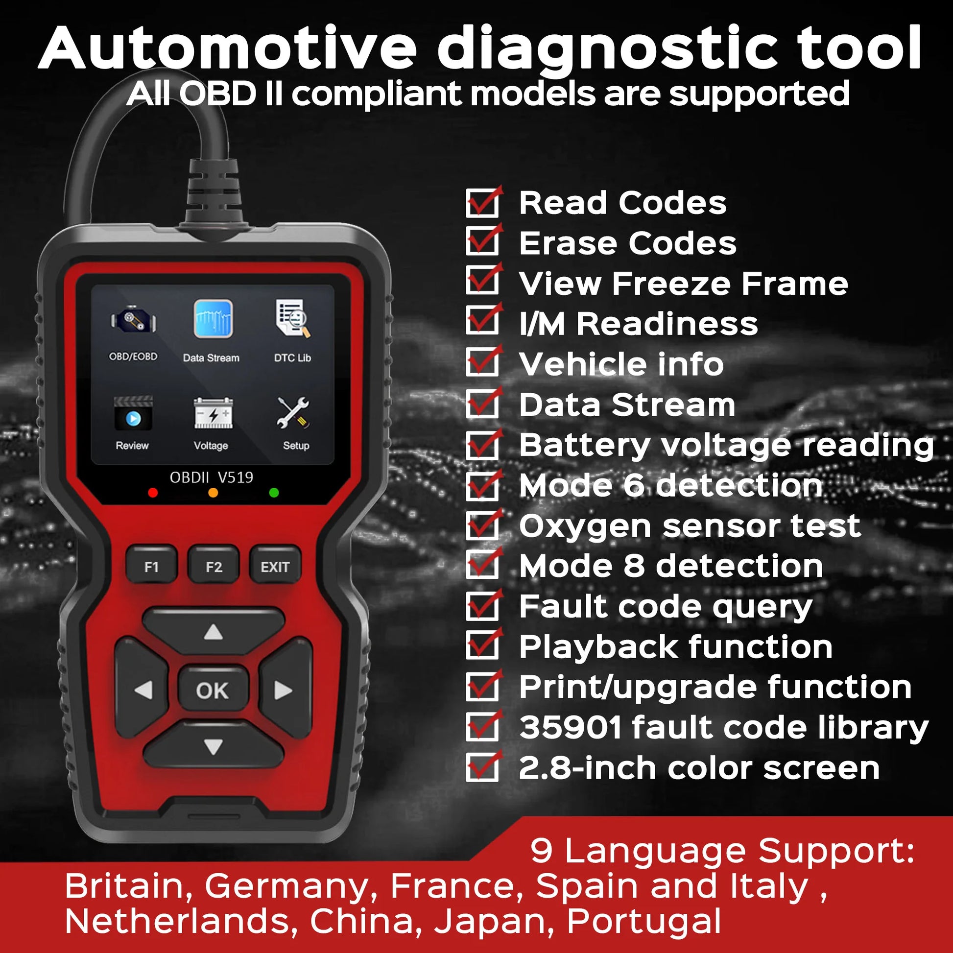 OBD2 Scanner Live Data Professional Mechanic OBDII Diagnostic Code Reader Tool for Check Engine Light